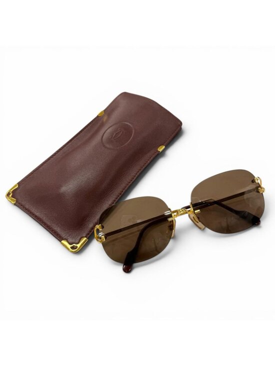 Cartier Rimless Two Point 2C Decor Eyewear Sunglasses Gold Bordeaux Brown 18
